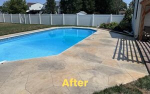 pool deck resurfacing Freshly resurfaced pool deck with slip-resistant coating